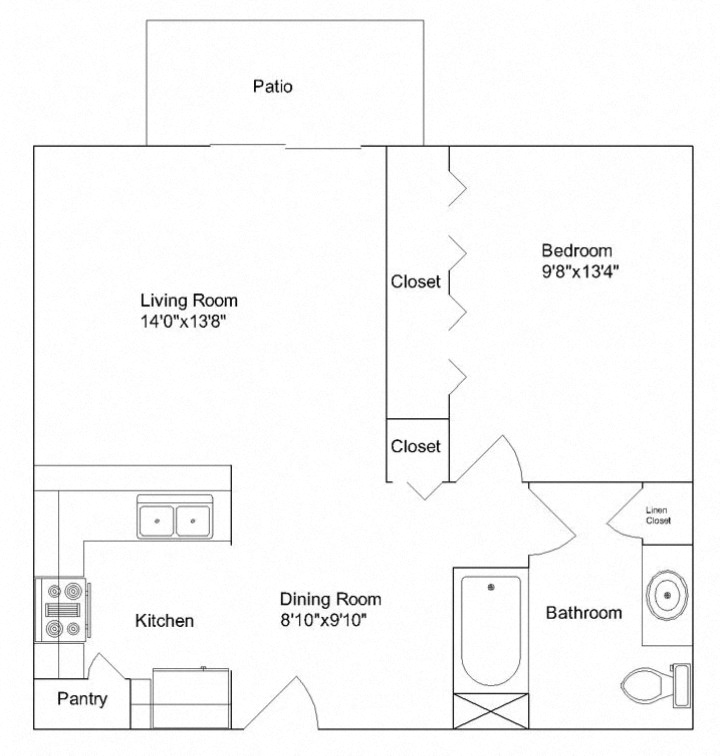 Floor plan for 1 bed, 1 bath, 661 sqft